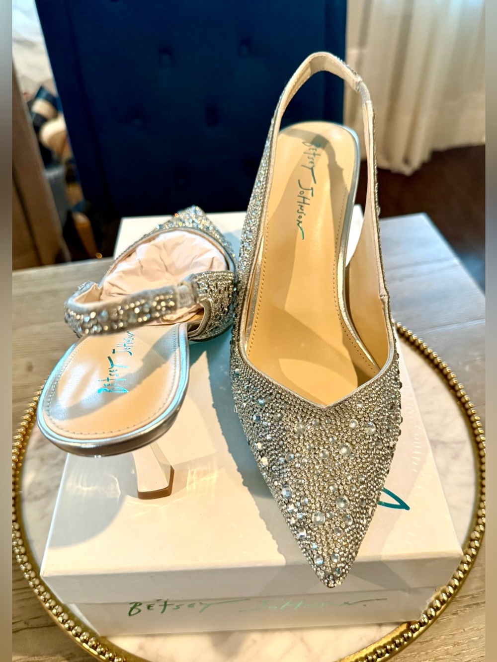 Betsey Johnson Silver Rhinestones Pointed Slingback Heels | SZ. 10 (NWB)